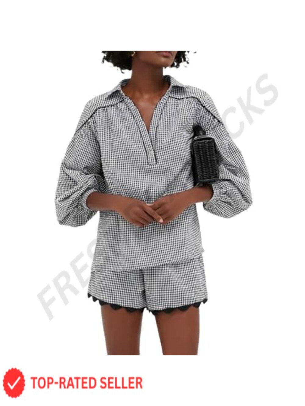 Women's Cotton Polyester Two Piece Short Set Puff Sleeve Gingham